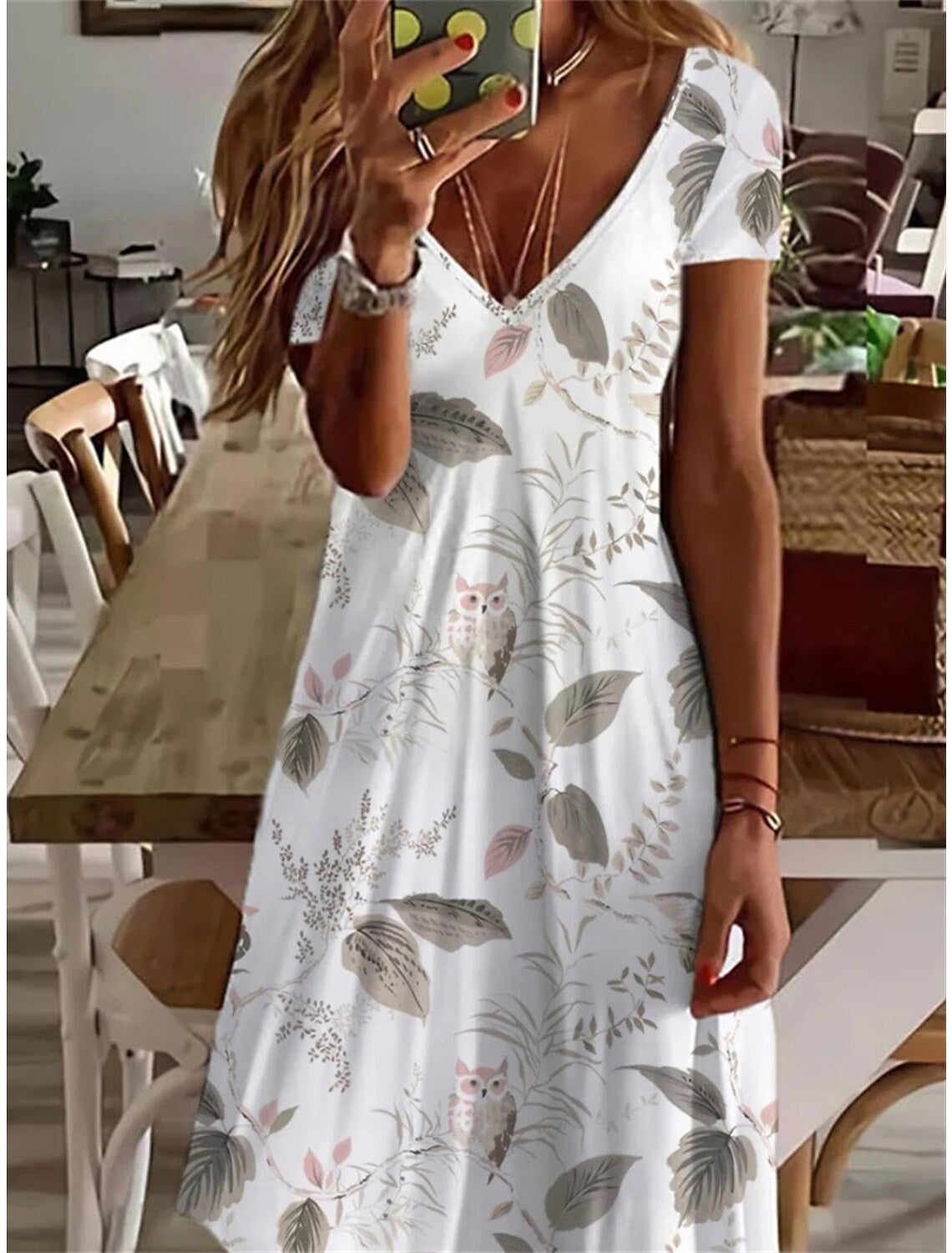 Printed Leaf Printed V-neck Mini Dress