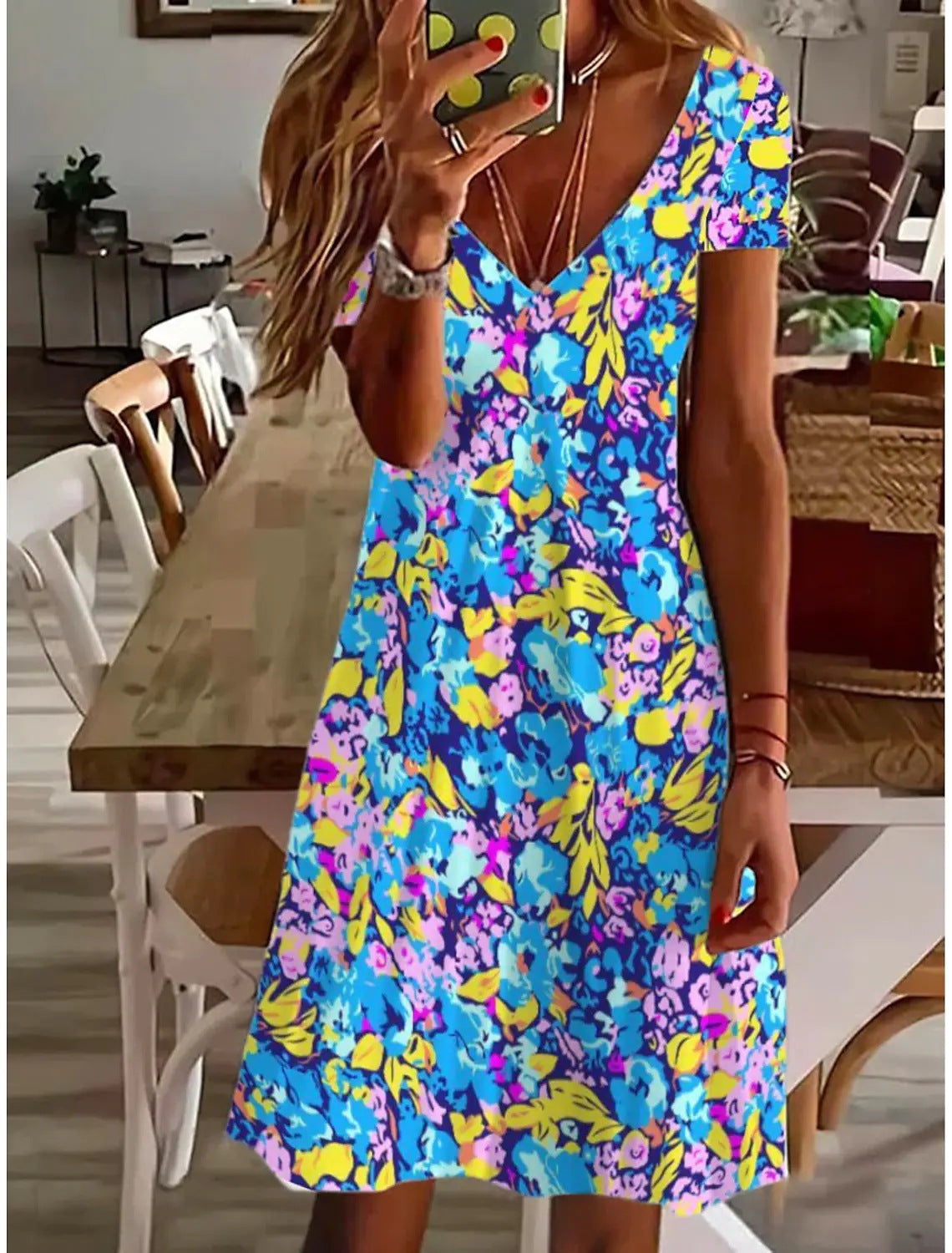 Printed Leaf Printed V-neck Mini Dress