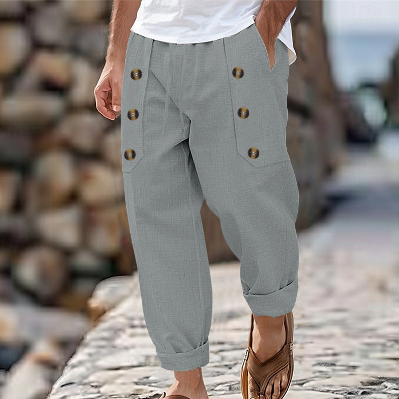 Hawaii Beach Men's Cotton And Linen Trousers With Multiple Buttons